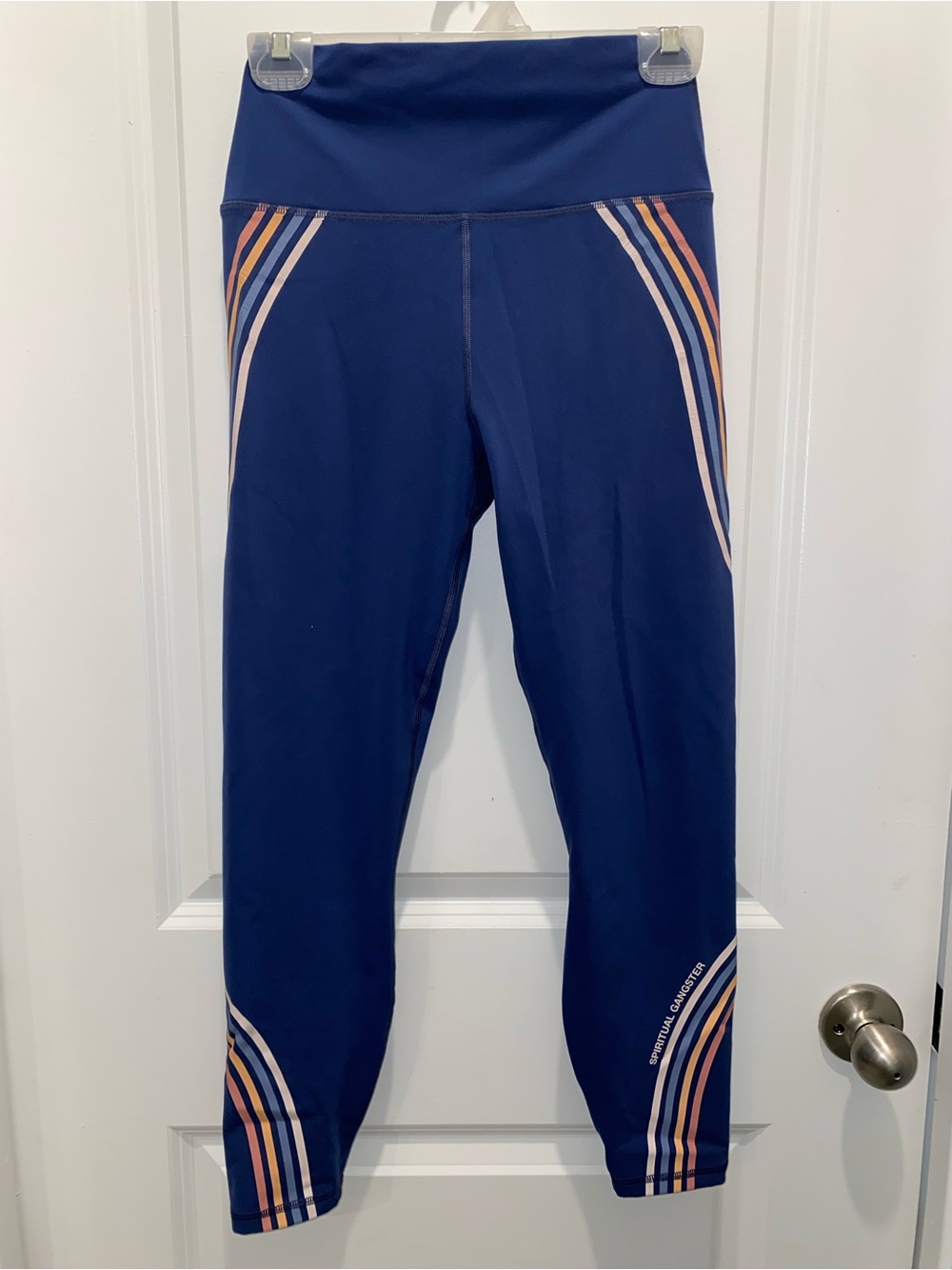 Spiritual Gangster Navy Leggings with Pink and Peach Stripe Detail